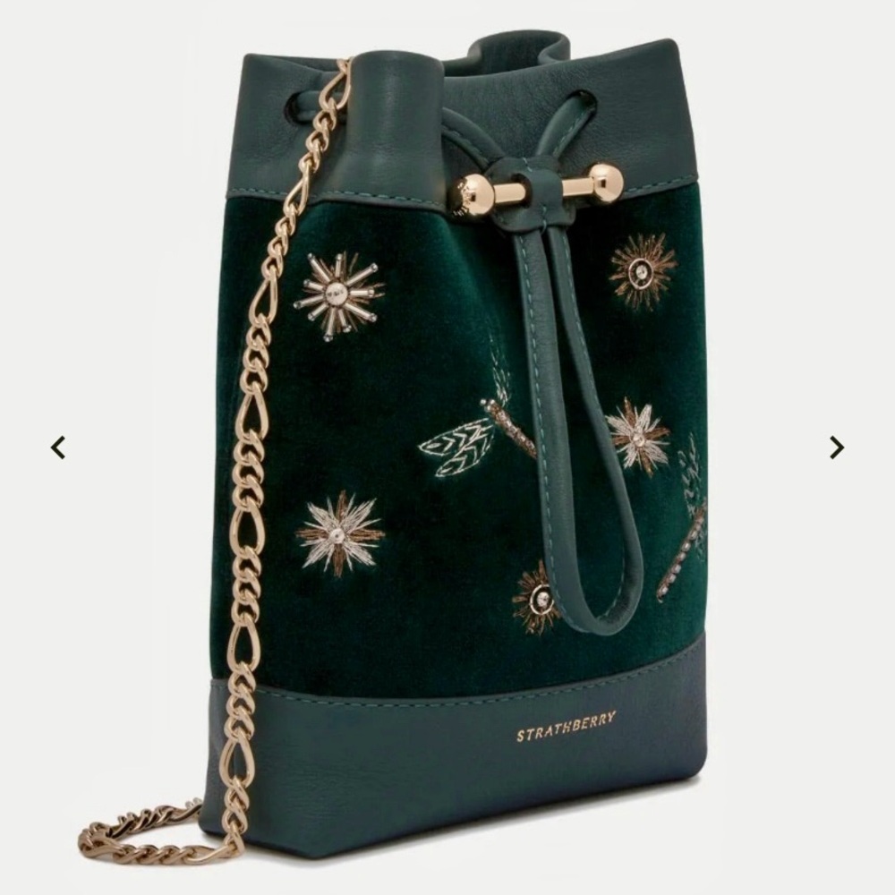 Strathberry Green Velvet Embroidered Bucket Crossbody with Gold Chain